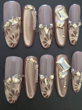 Hand Crafted Taupe and Gold Shimmer Press-On Nails with Crystal Gems